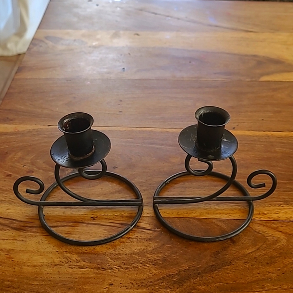 Vintage black iron candlestick holders